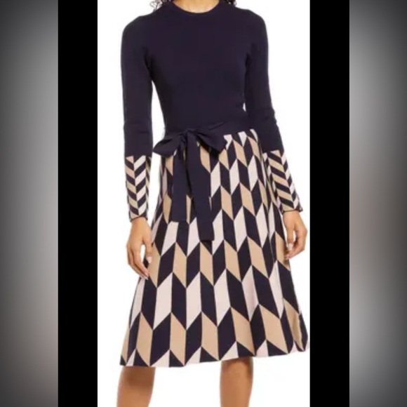 ELIZA J Fit & Flare Sweater Dress Navy Beige Knit Long Sleeve Women’s Size Large - Picture 1 of 16